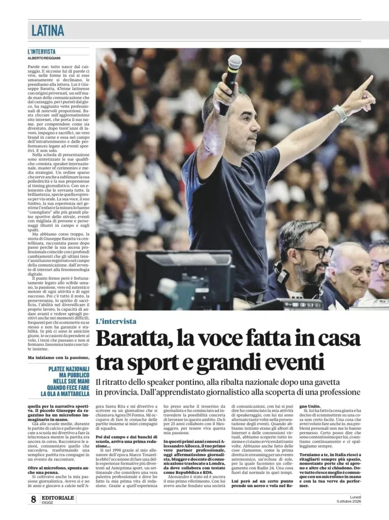 Latina Oggi, Baratta la voce fatta in casa tra sport e grandi eventi Latina Oggi 5 ottobre 2026 Giuseppe Baratta